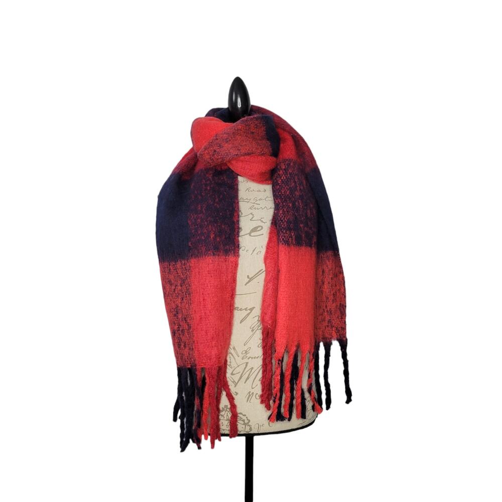 Unbranded Red & Navy Plaid Fringed Acrylic Knit Scarf